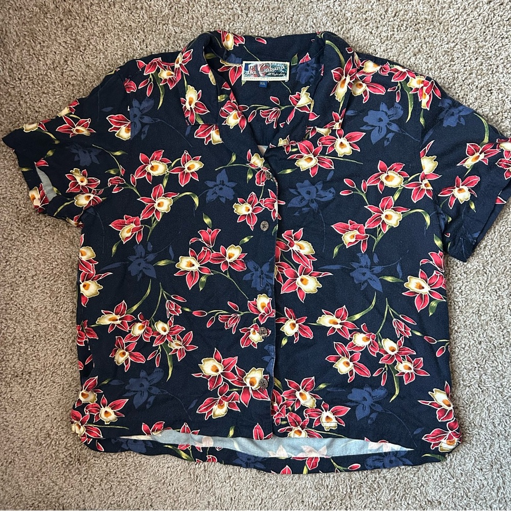 M Red & Black Vintage La Cabaña Floral Hawaiian Button Down Shirt Size XXL |A42